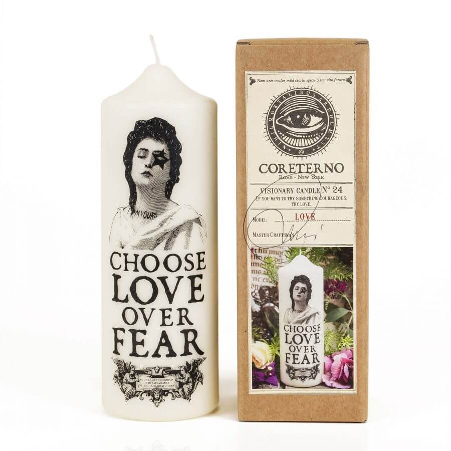 Love Candela Creativa, Visionary Pillar Candle, 'Choose Love Over Fear,' in elegant packaging.