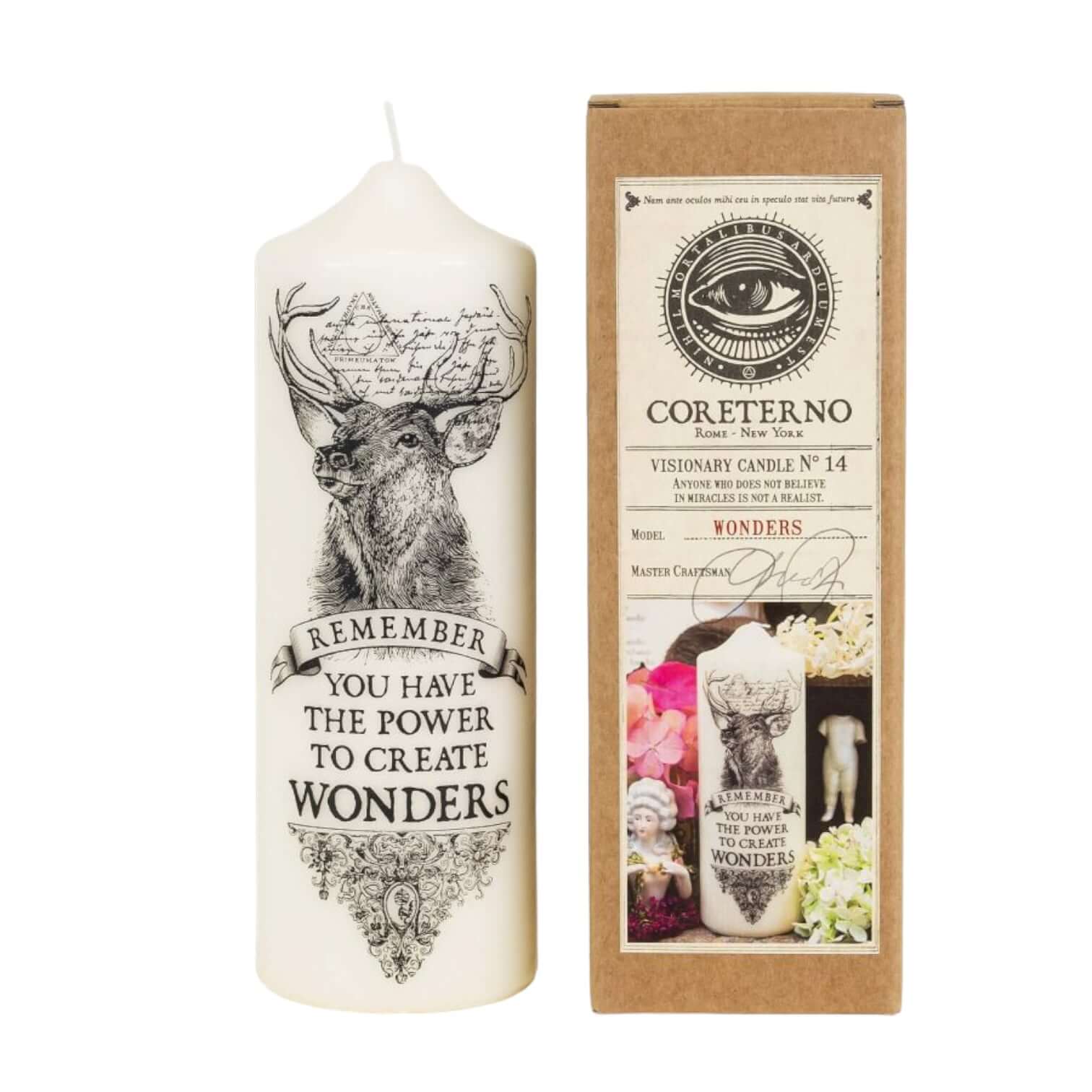 Visionary candle featuring a deer design with the text 'Remember You Have the Power to Create Wonders'. Boxed product.