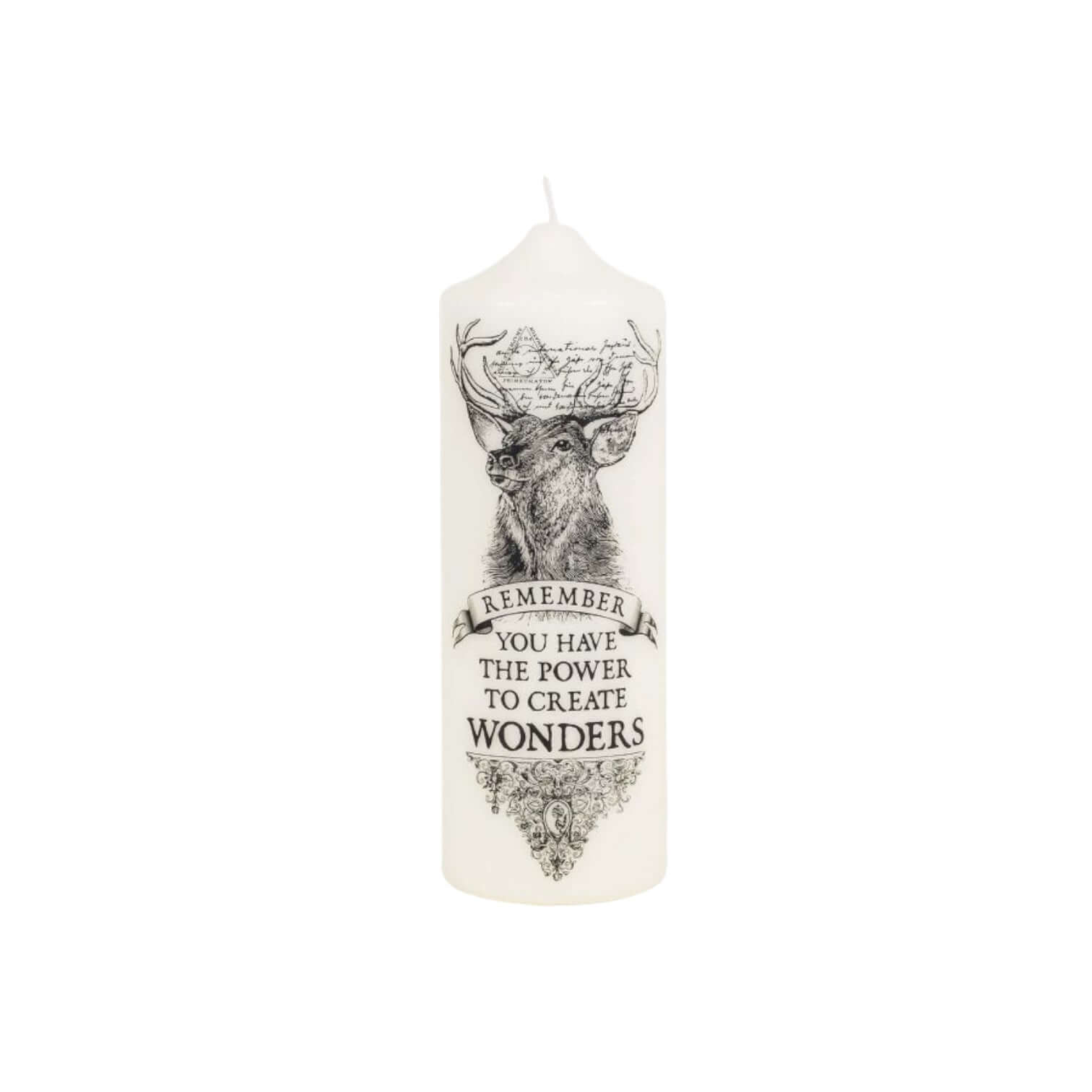 Wonders Candela Artistica with deer design and motivational quote on white pillar candle.
