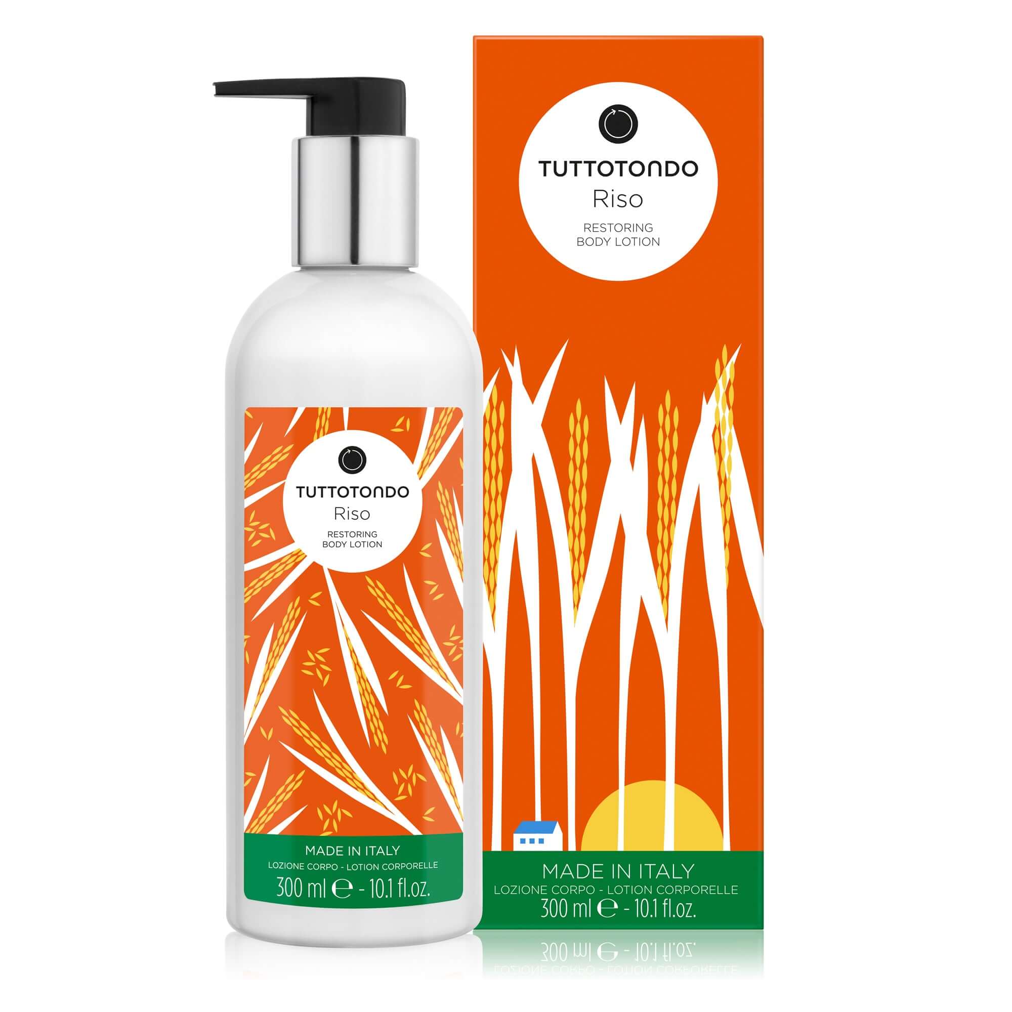 Riso Crema Corpo, nourishing body lotion in pump bottle and box, made in Italy, enriched with rice and mango butter.