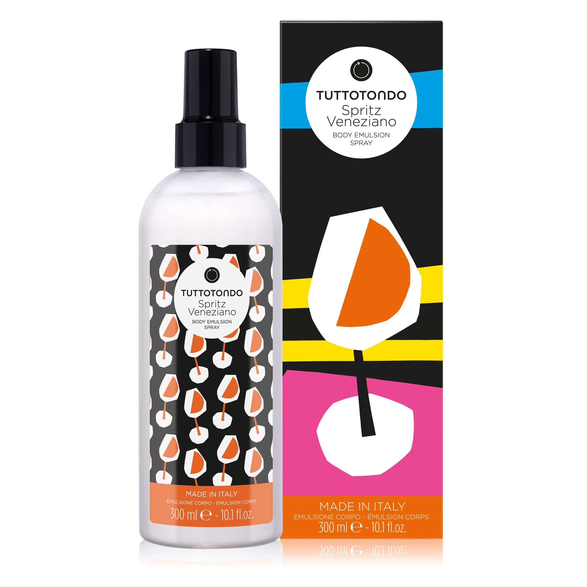 Spritz Veneziano Crema Corpo by Tuttotondo in a spray bottle with vibrant packaging, 300ml, made in Italy.