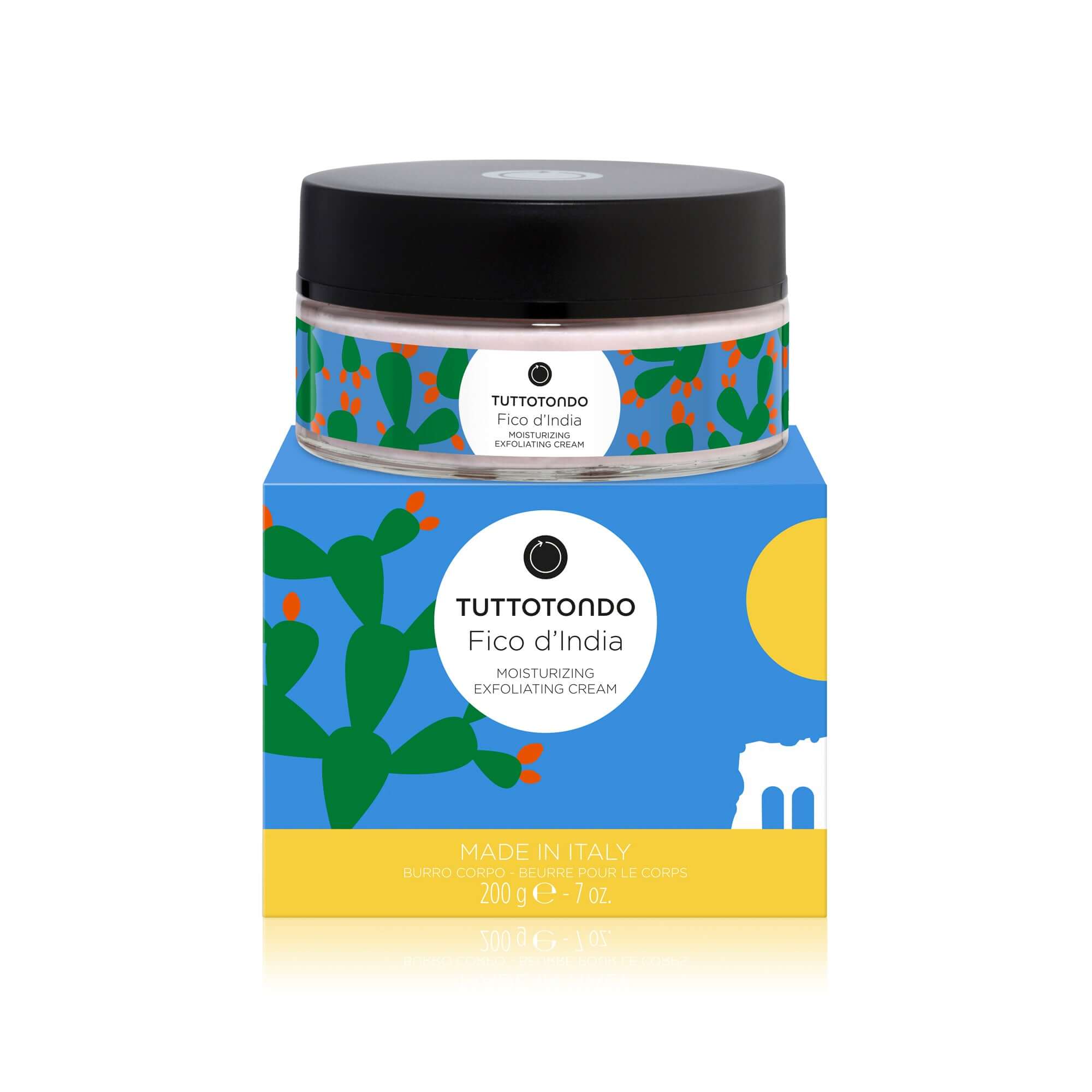 Fico d'India exfoliating body cream by Tutto Tondo, enriched with kiwi seeds, hyaluronic acid, and silk protein.