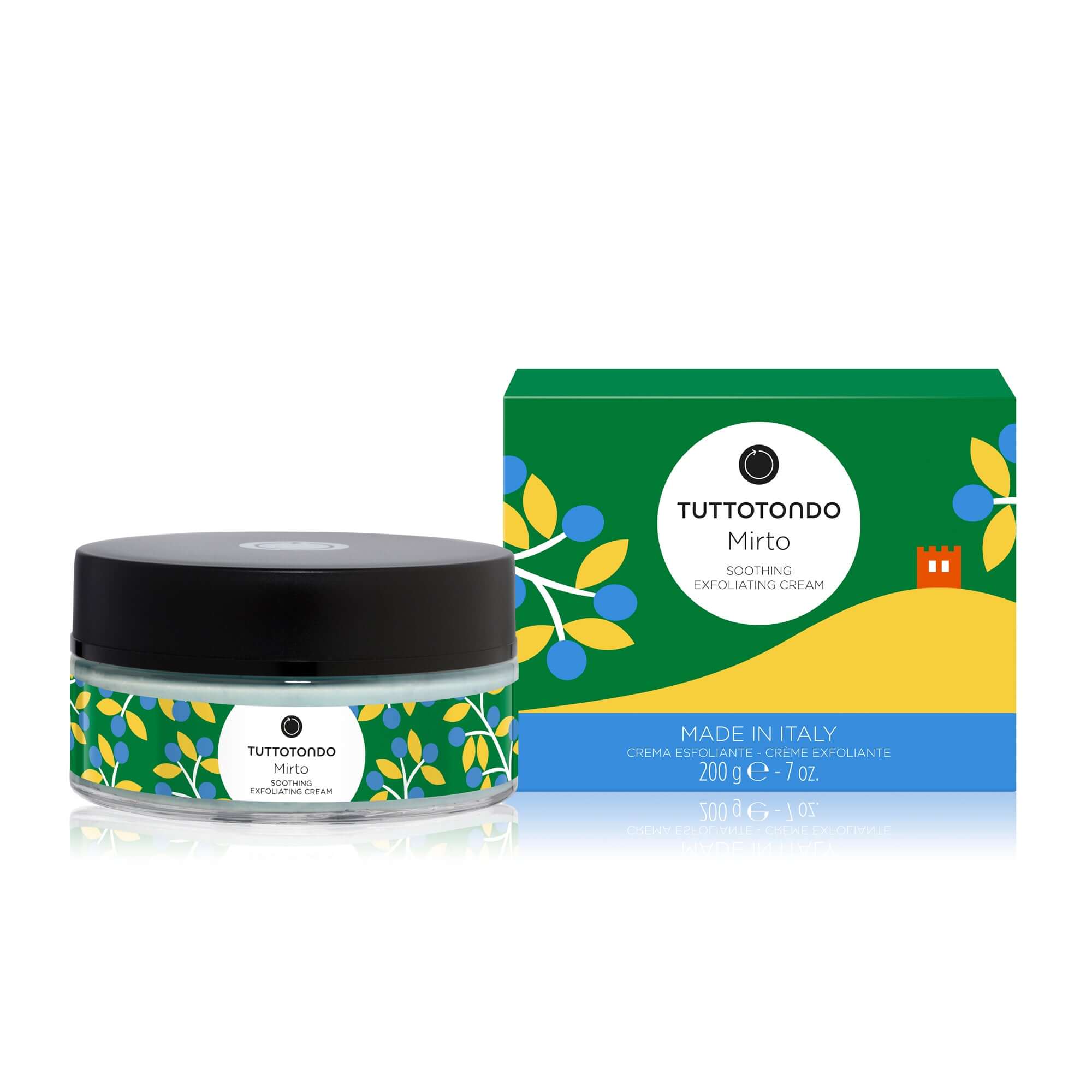 Mirto Esfoliante Corpo by Tuttotondo in a jar with packaging, designed for skin renewal and gentle exfoliation.