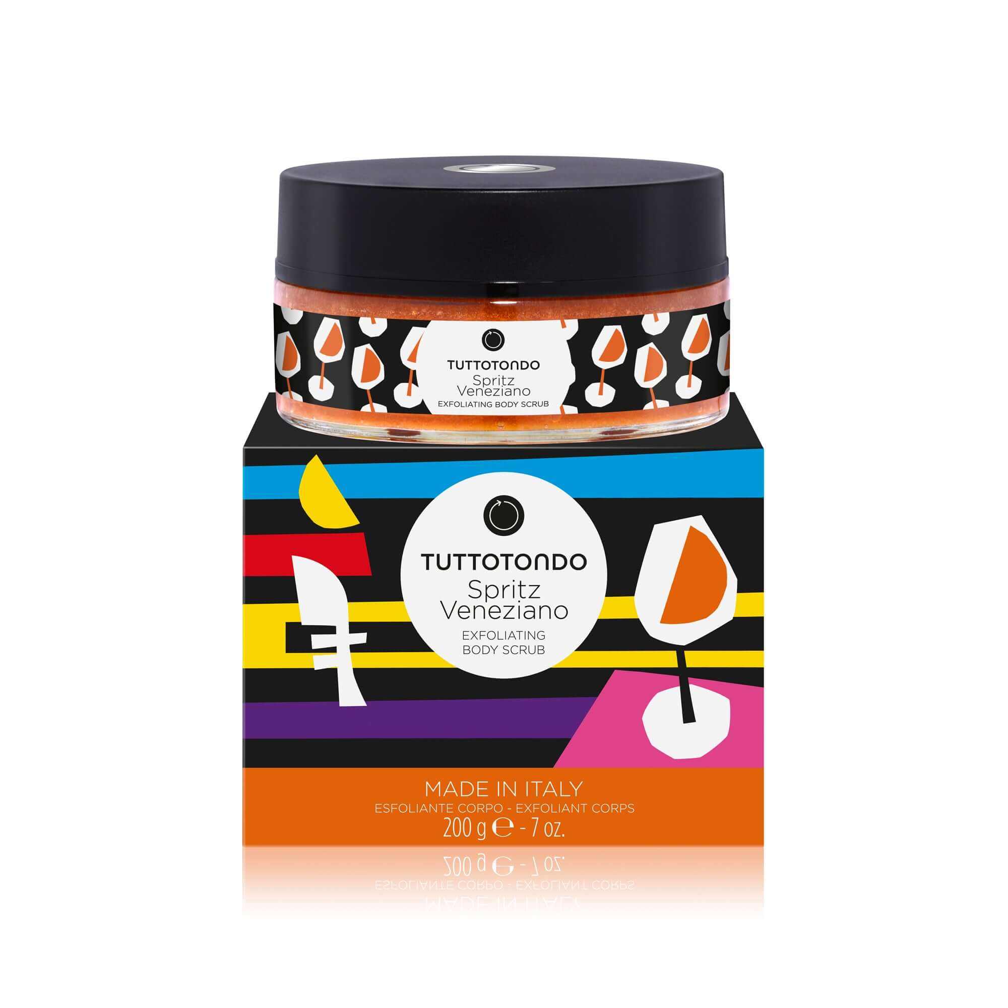 Spritz Veneziano Exfoliating Body Scrub by Tuttotondo, 200g, made in Italy, featuring vibrant packaging design.
