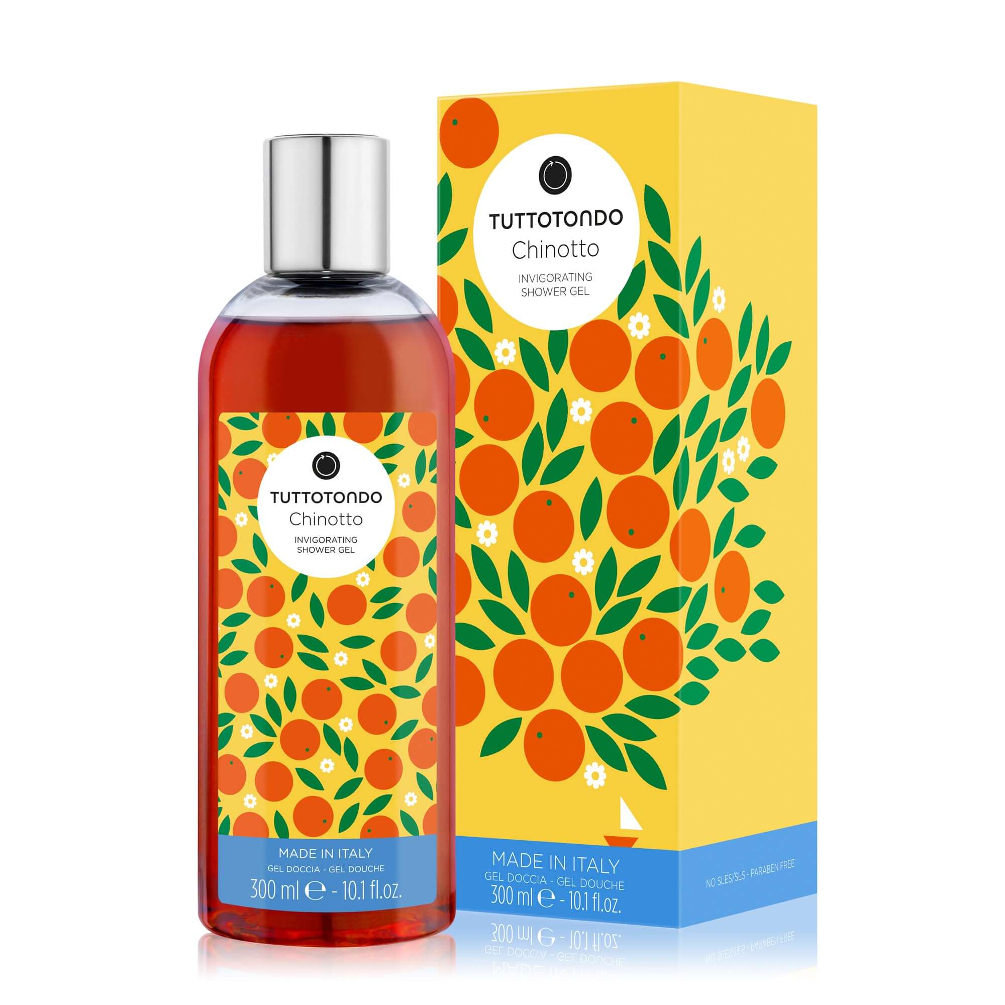 Tuttotondo Chinotto invigorating shower gel 300ml, enriched with chinotto, ginseng, and guarana, paraben-free.