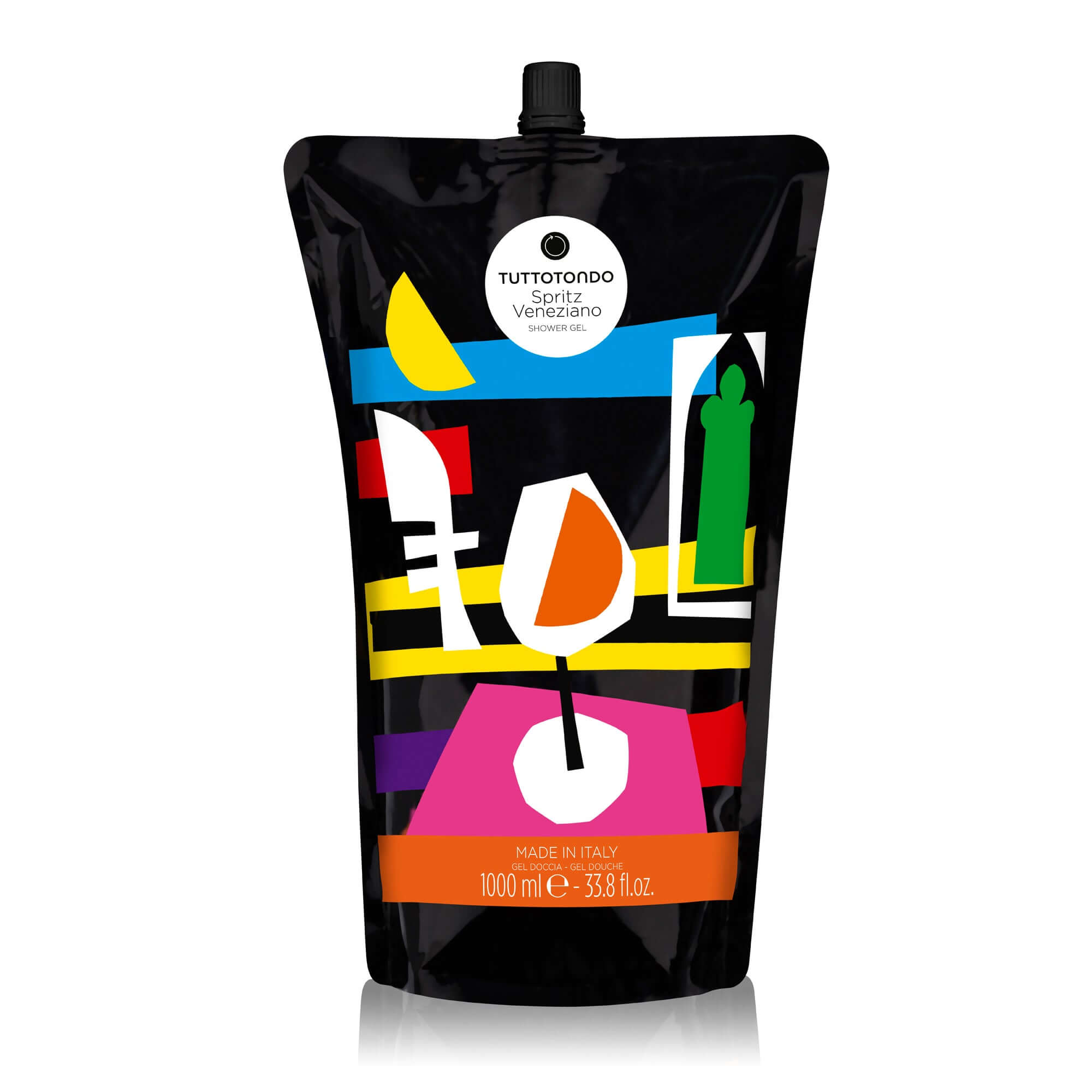 Eco-friendly 1L refill pouch for TuttoTondo Spritz Veneziano, made in Italy, featuring colorful geometric design.