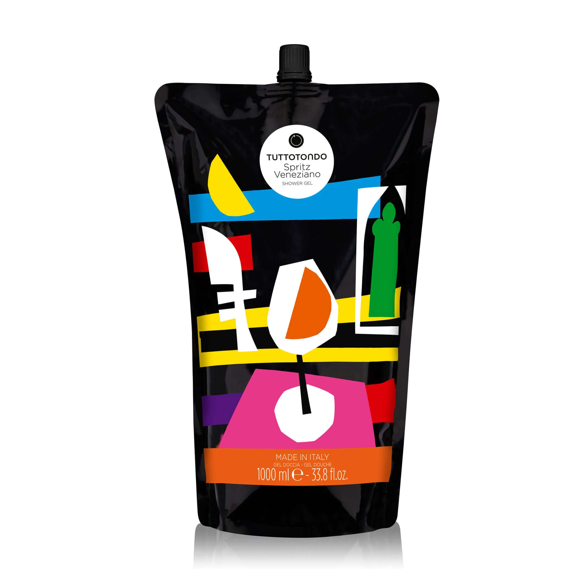 Eco-friendly 1L Spritz Veneziano refill by Tuttotondo, enriched with rhubarb and orange extracts, made in Italy.