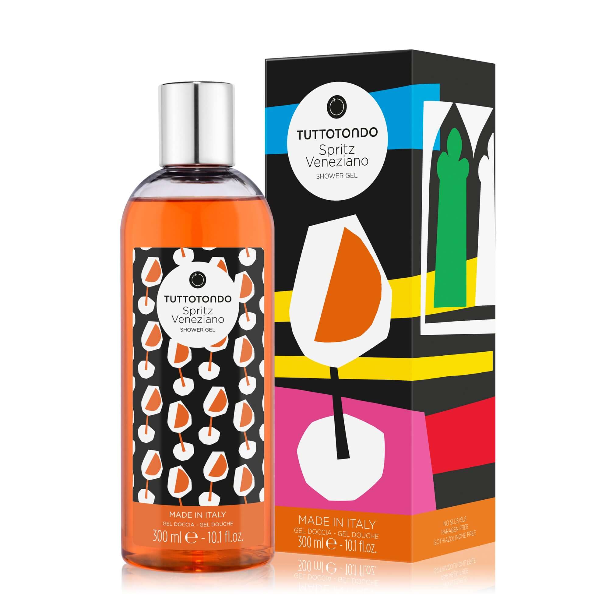 Spritz Veneziano Shower Gel by Tuttotondo in a colorful package, enriched with antioxidants and collagen-promoting extracts.