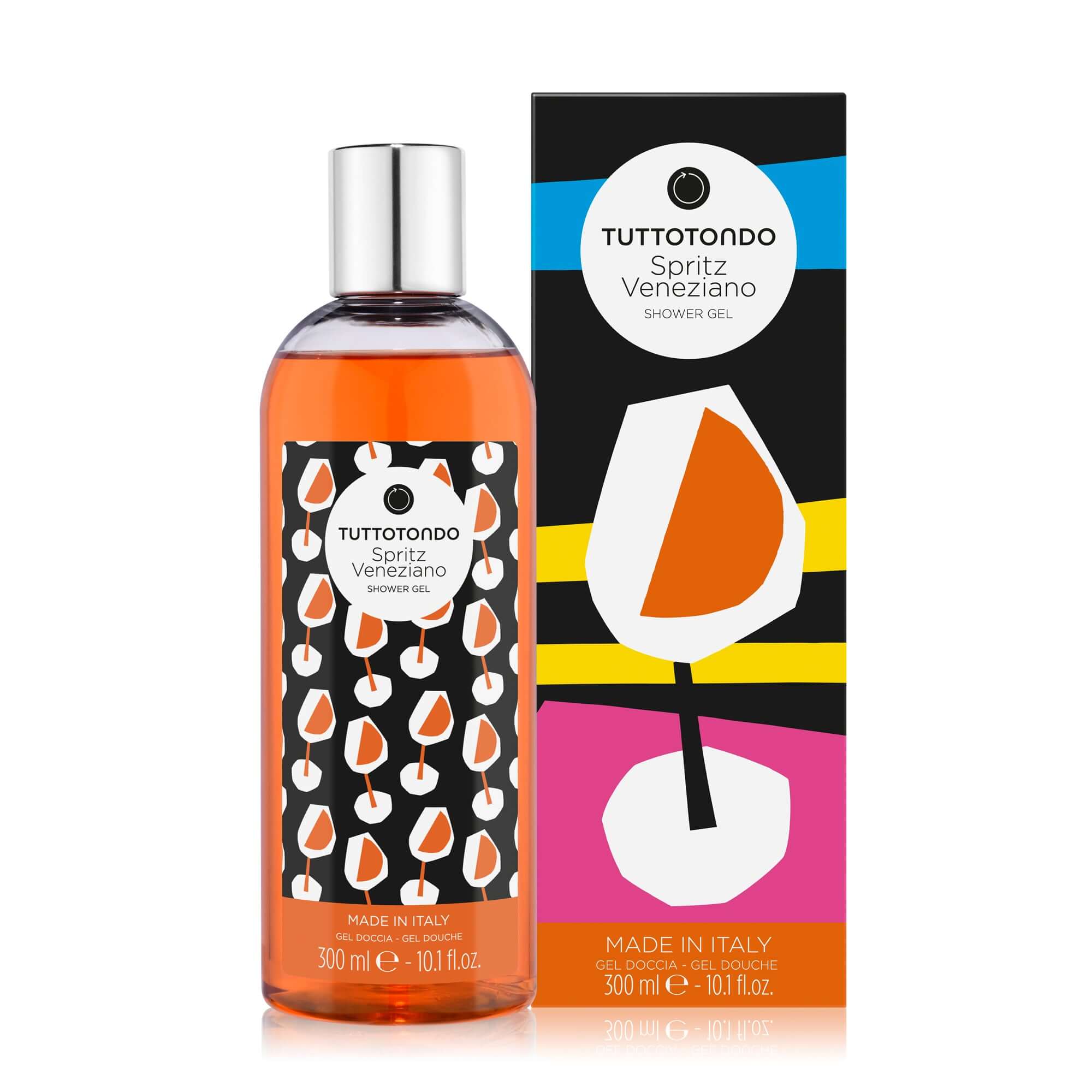 Tuttotondo Spritz Veneziano shower gel 300ml in colorful packaging, paraben-free, enriched with antioxidant extracts.