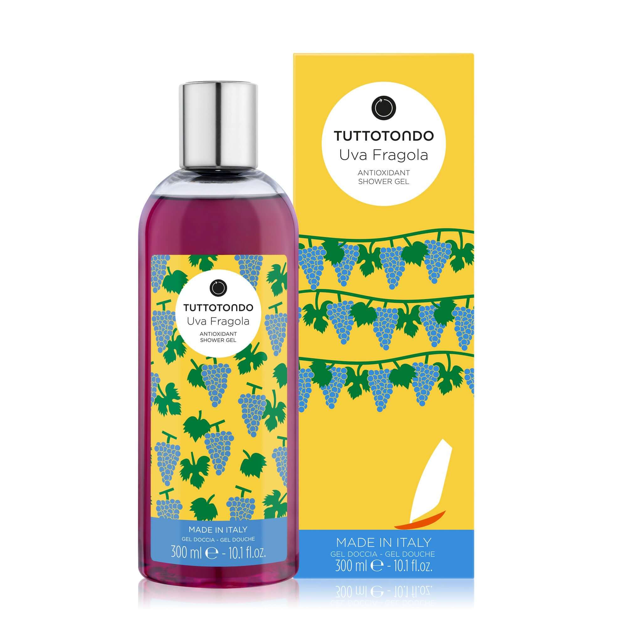 Tuttotondo Uva Fragola antioxidant shower gel in 300 ml bottle with vibrant grape-themed packaging.