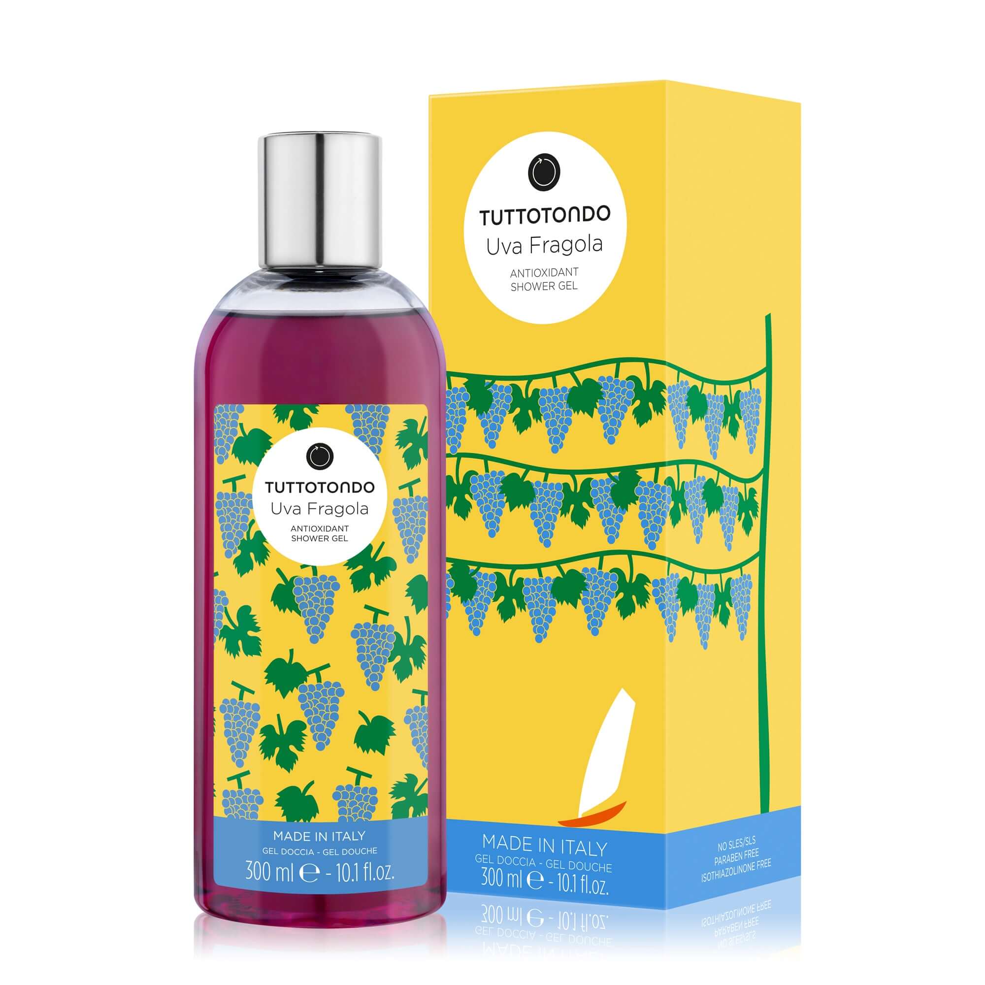 Tuttotondo Uva Fragola Gel Doccia 300ml with antioxidant red grape and pomegranate extracts, paraben-free shower gel.