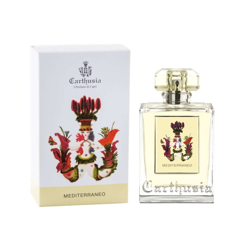 Mediterraneo Eau De Parfum by Carthusia, showcasing vibrant floral artwork on a stylish bottle and box.