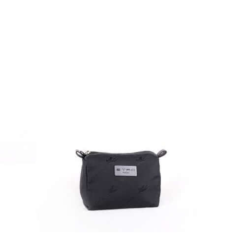 Trousse da borsa nera in nylon con zip e logo ETRO, misure 13x10x8 cm, elegante e lavabile.