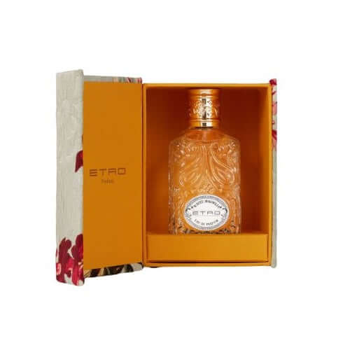 White Magnolia Eau De Parfum by ETRO in ornate packaging, showcasing luxury and nature-inspired beauty.