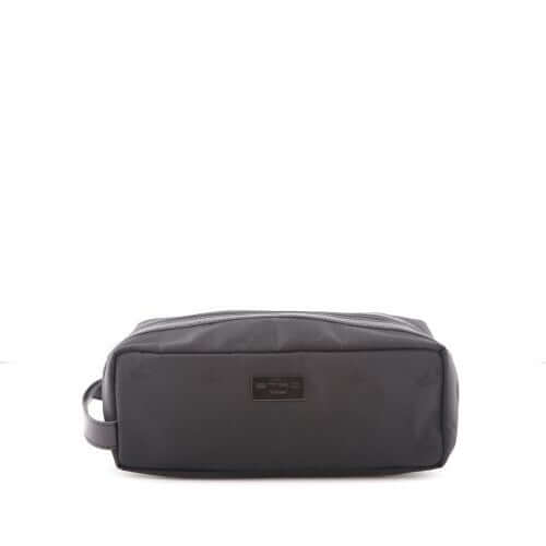 Trousse con maniglia in nylon nero, doppio scomparto, chiusura zip, targhetta ETRO, misure 23x11x11.
