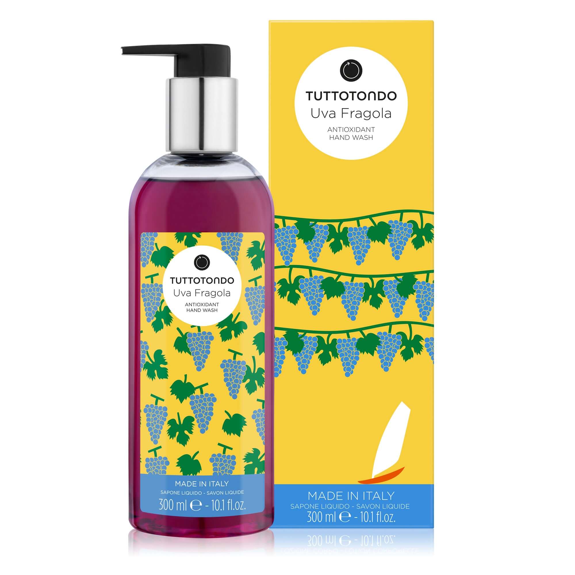 Liquid soap Uva Fragola by TuttoTondo, 300 ml, antioxidant with grape and pomegranate extracts, made in Italy.
