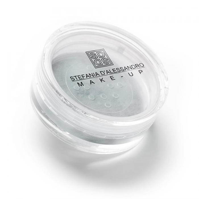 Ombretto Silver in a clear jar, featuring a shimmery silver powder for radiant eye makeup.