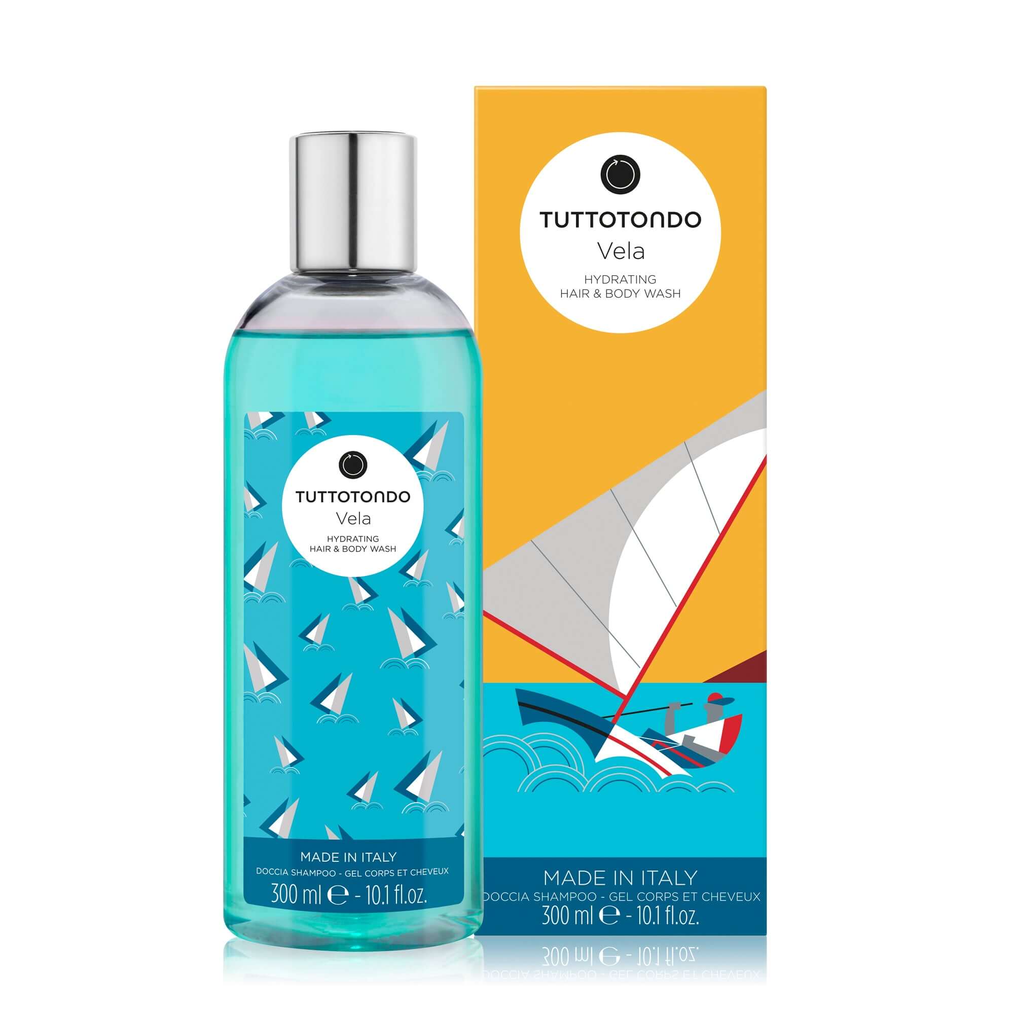 Vela Doccia Shampoo by Tuttotondo, 300ml, hydrating formula with marine water, free of parabens and sulfates.