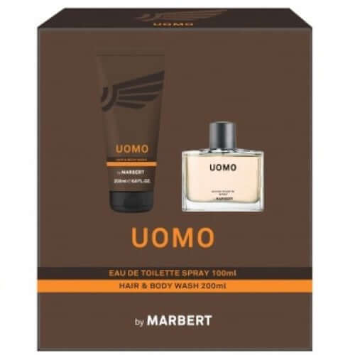 Marbert Uomo fragrance set featuring Eau de Toilette spray 100ml and Hair & Body Wash 200ml in a stylish box.