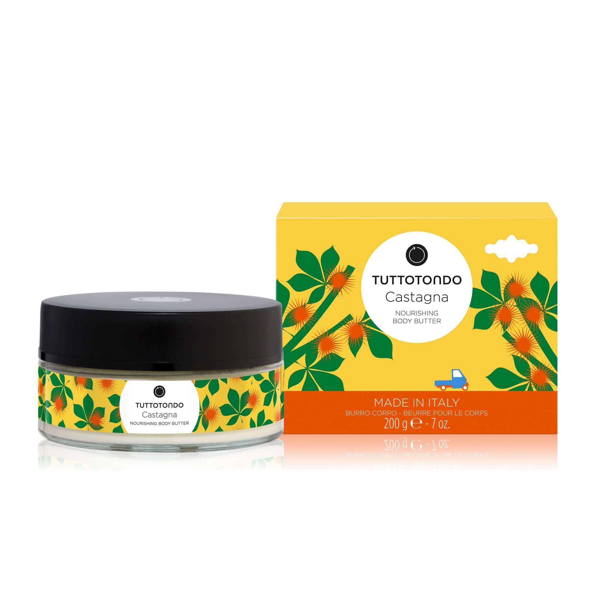 Castagna Burro Corpo 200g nourishing body butter with moisturizing properties in colorful packaging.