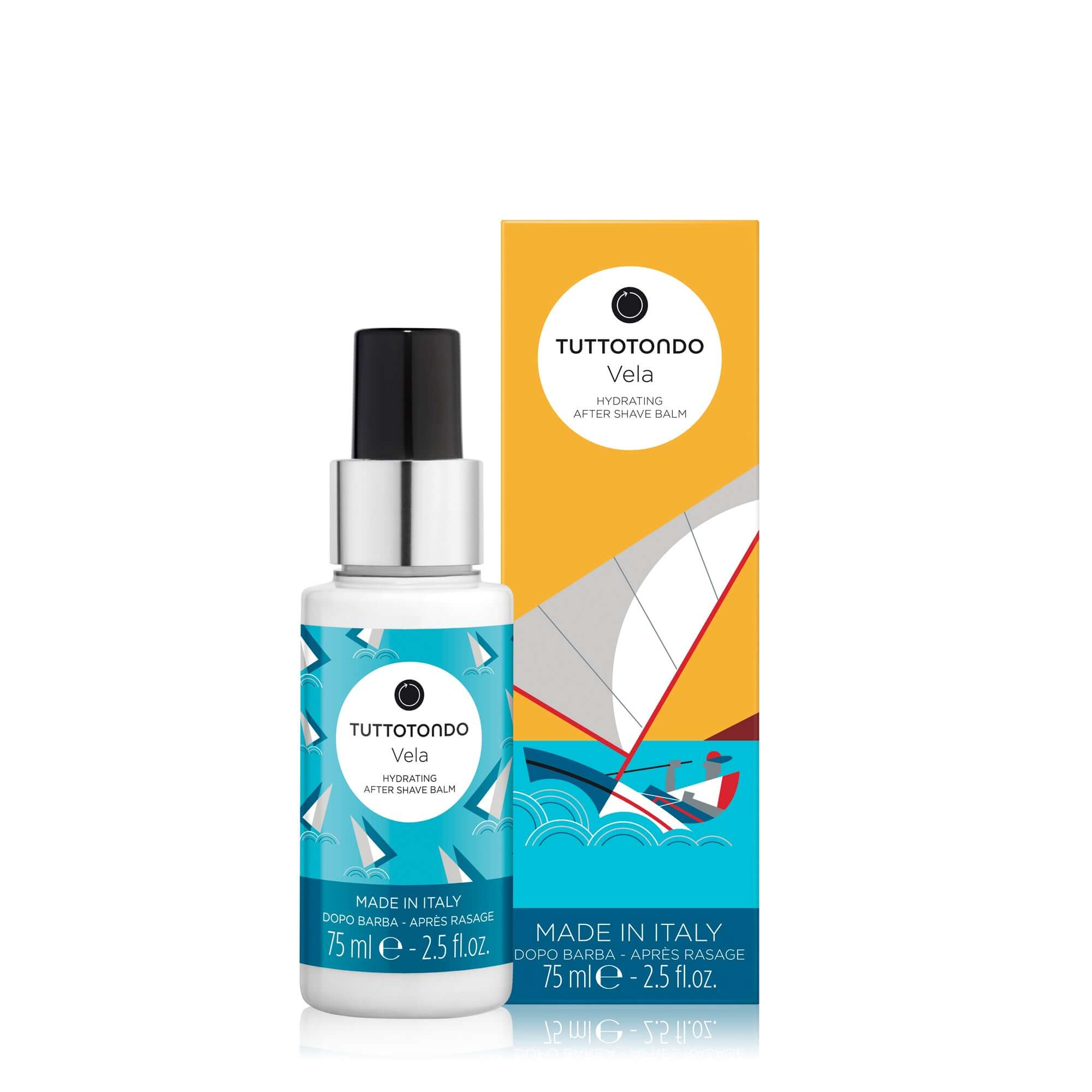Tuttotondo Vela after shave balm, 75 ml, hydrating formula with chamomile and mint extracts, made in Italy.