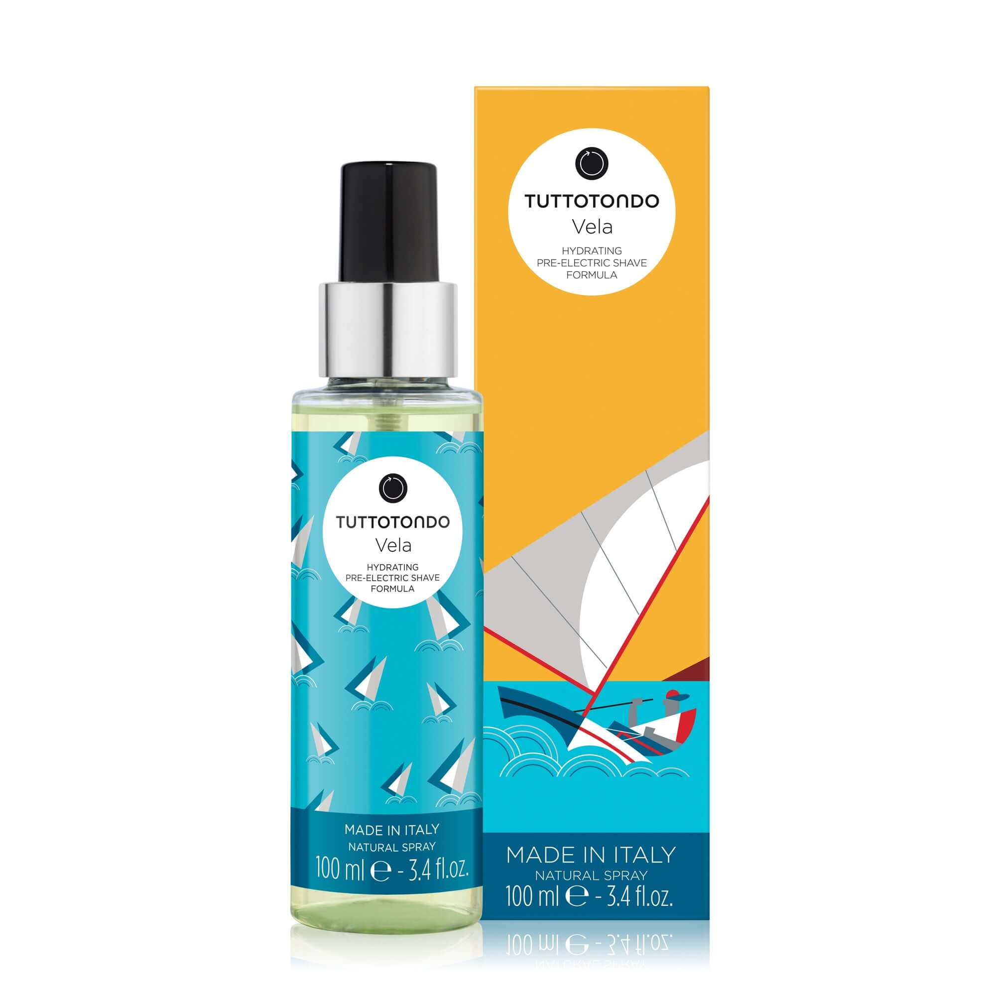 Vela hydrating spray by Tuttotondo, 100ml, featuring a refreshing formula, made in Italy with emollient ingredients.