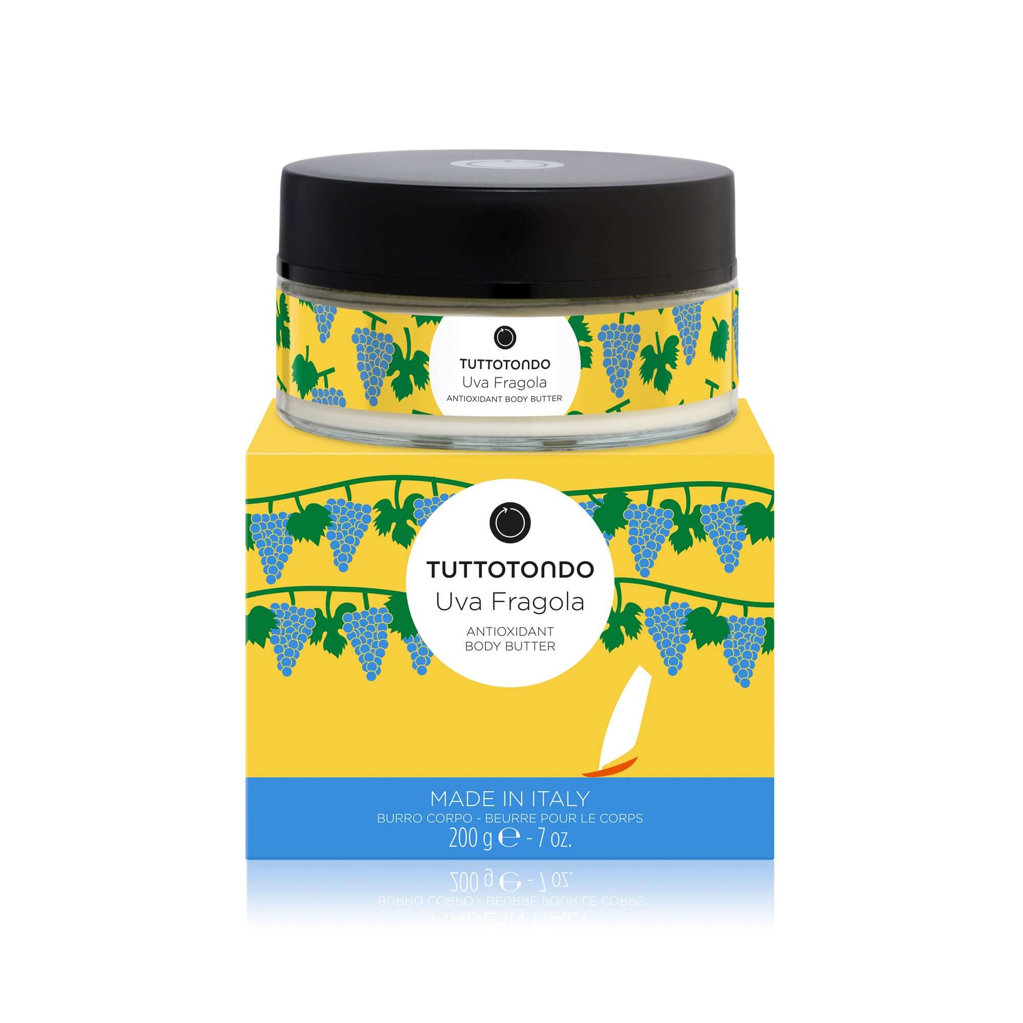 Uva Fragola Burro Corpo by Tuttotondo, antioxidant body butter with shea butter and red grape extract in a 200g jar.