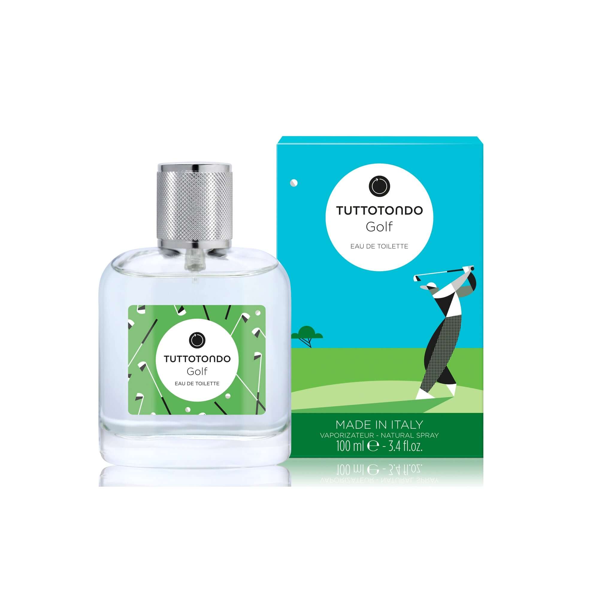 Tuttotondo Golf Eau De Toilette 100ml bottle with green packaging featuring golf-themed design, made in Italy.