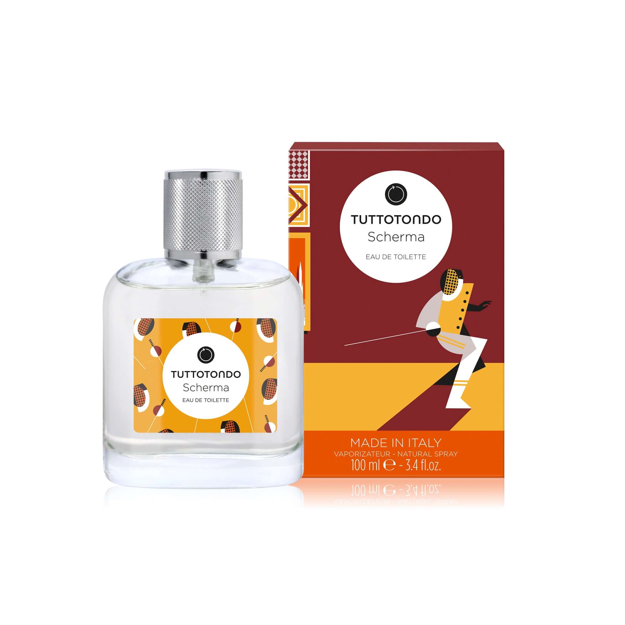 Scherma Eau De Toilette by Tuttotondo, 100ml, featuring notes of nutmeg, saffron, geranium, and ylang-ylang, in a stylish bottle.