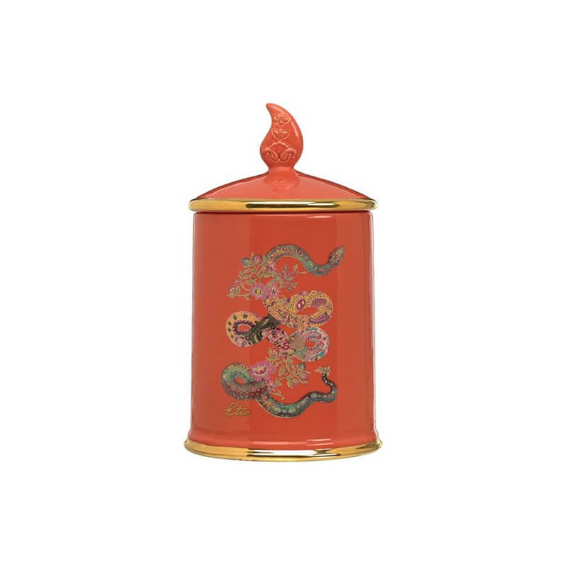Kaa Arancio Candela: Orange ceramic candle with gold trim and snake design, packaged in an elegant box.
