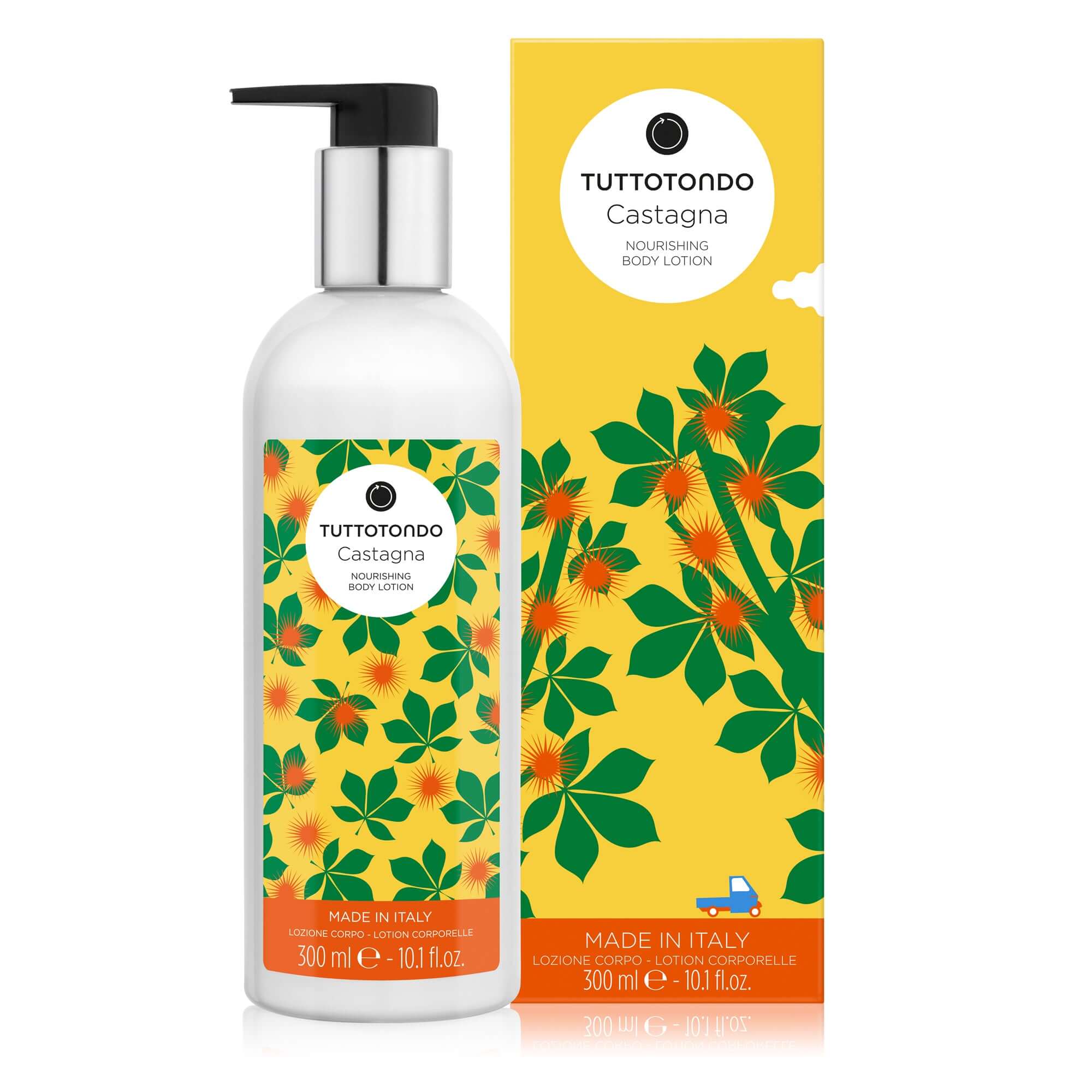 Tuttotondo Castagna nourishing body lotion with shea and mango butter, 300ml packaging, made in Italy.