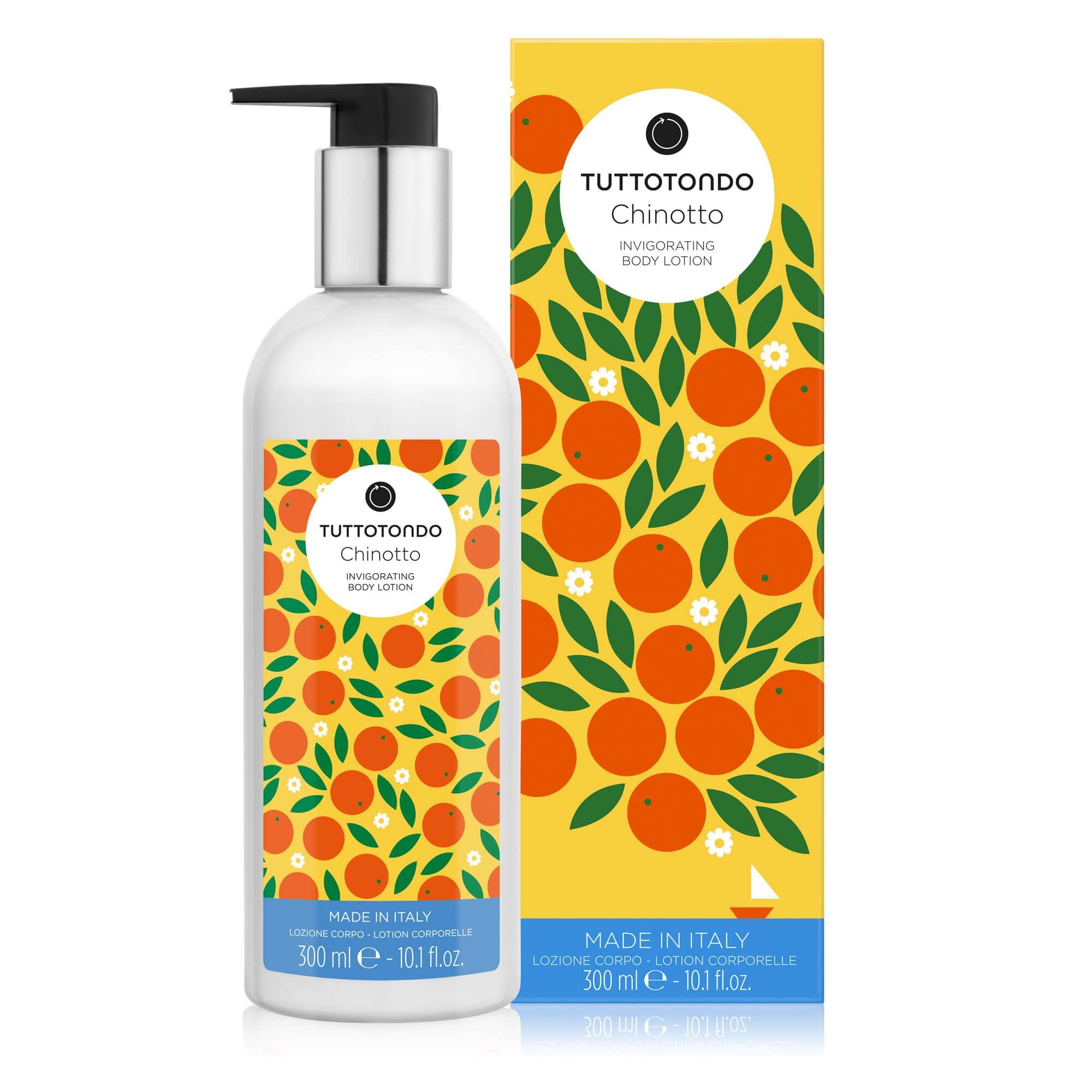 Chinotto Crema Corpo 300ml, nutrient-rich body lotion with karité and mango butter, made in Italy.