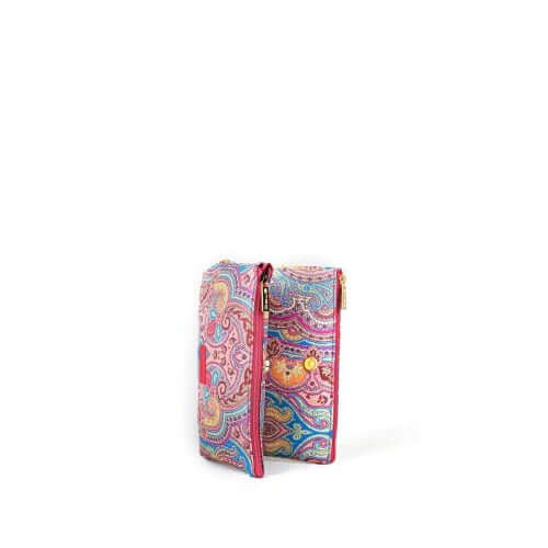 Bordeaux nylon doppia trousse with zipper compartments and magnetic closure, featuring colorful paisley design.