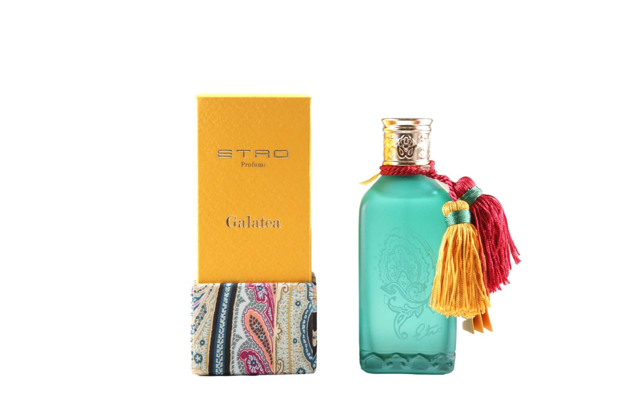 Spray diffusore Galatea in vetro verde personalizzato ETRO, con confezione gialla e dettagli colorati.