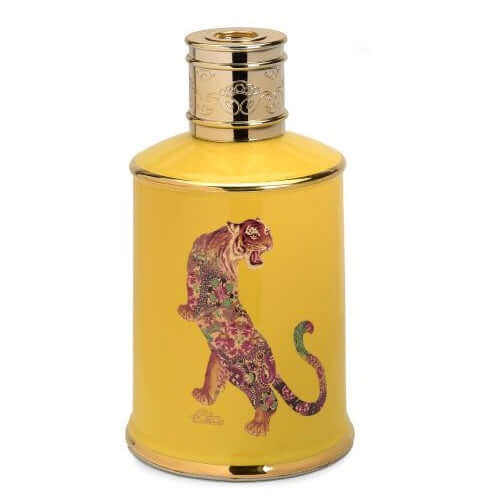 Tiger Diffusore in yellow ceramic with a decorative tiger design, featuring a gold lid and elegant finish.