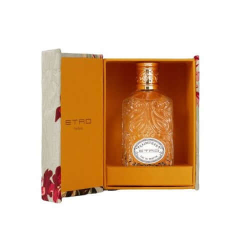 Rajasthan Eau De Parfum in luxury ETRO box, 100ml fragrance expressing femininity and vibrant personality.
