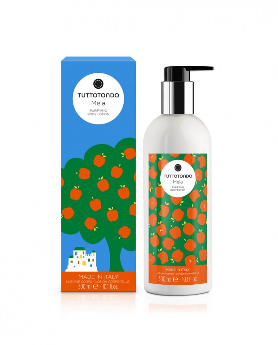 Mela Crema Corpo by TuttoTondo, 300 ml, paraben-free body lotion with apple and elderberry extracts.