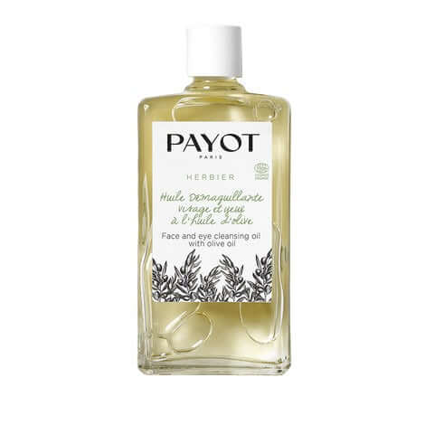 Bottle of PAYOT Herbier face and eye cleansing oil with olive oil, perfect for gentle makeup removal.