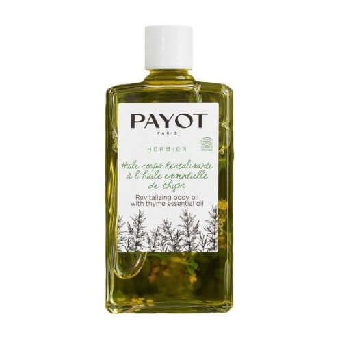 PAYOT revitalizing body oil with thyme essential oil in a clear bottle, 95 ml, ideal for nourishing and smoothing skin.