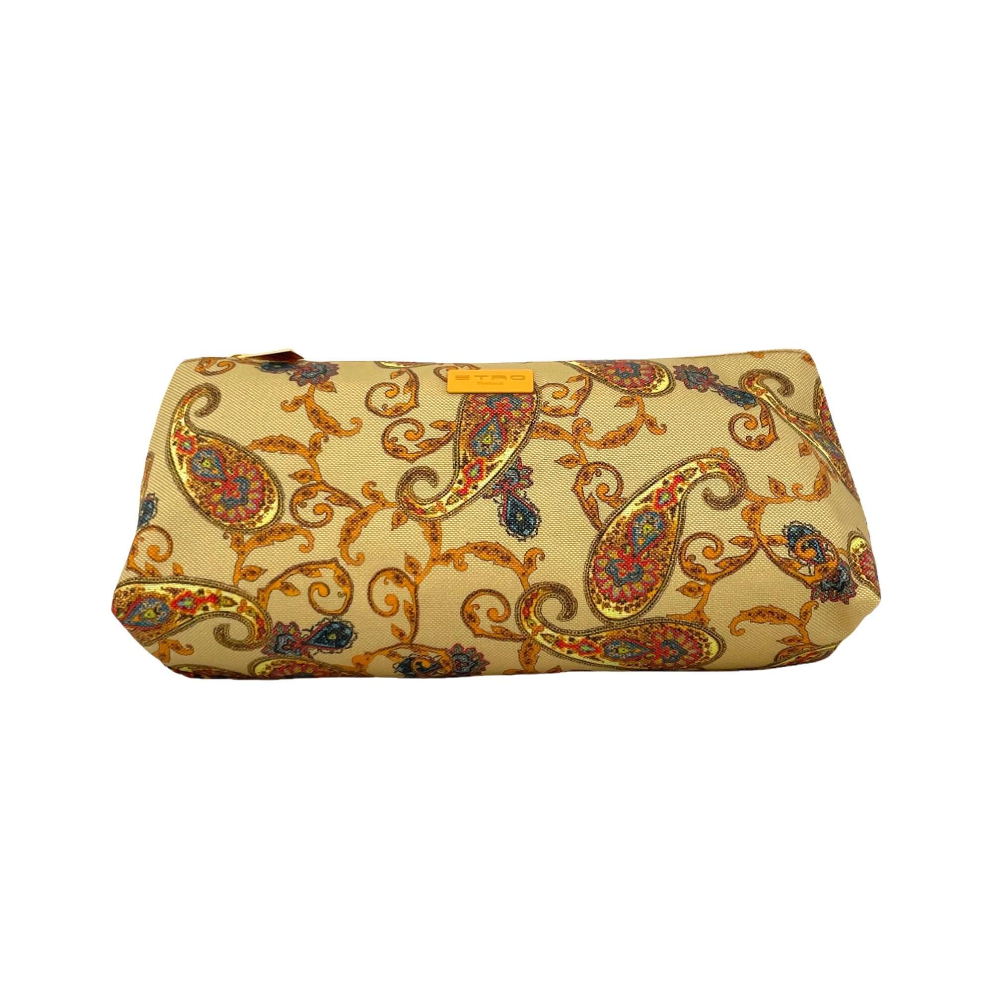 Golden nylon makeup pouch with paisley pattern, zip closure, and ETRO logo, measuring 33x15x9.5 cm.
