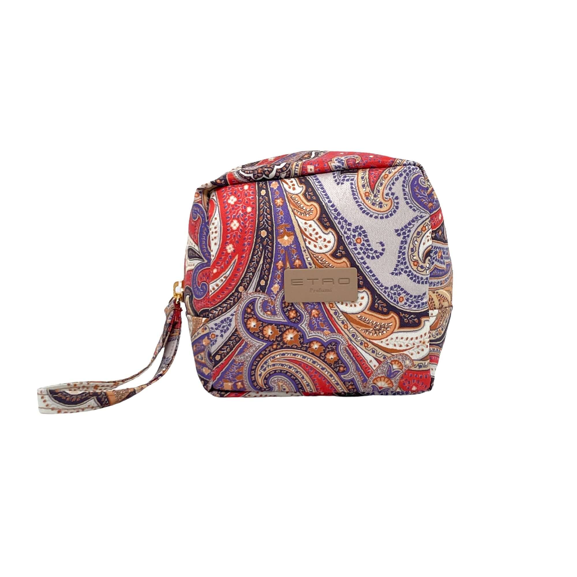 Trousse Quadrata in nylon lavabile con fantasia colorata e targhetta ETRO, dimensioni 12x11x9,5 cm.