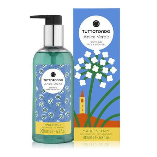 Tuttotondo Anice Verde Gel Lienitivo, soothing face and body gel, 200ml bottle with floral design.