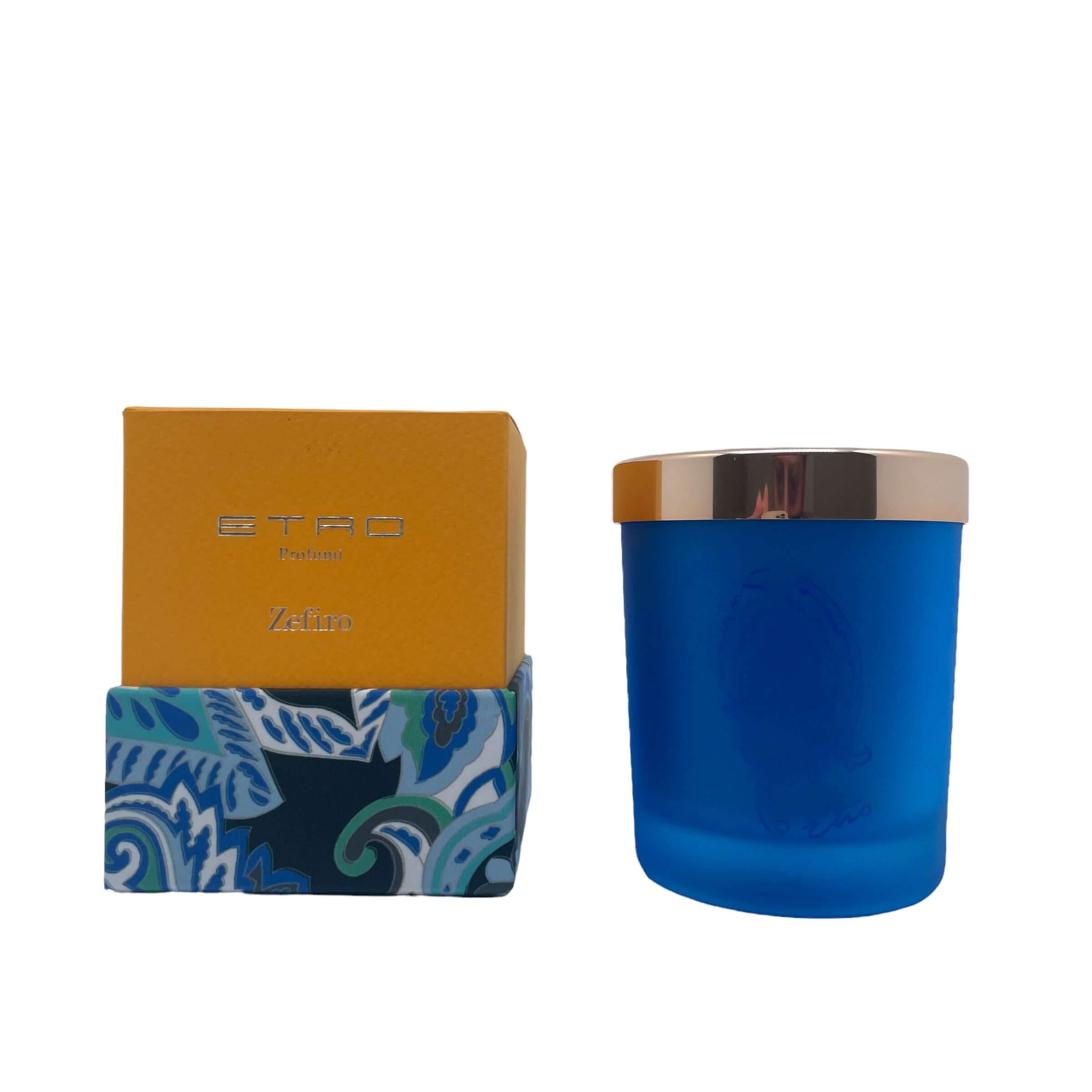 Zefiro Candela in blue glass with gold lid, presented in a decorative box by ETRO, 170g fragrance.