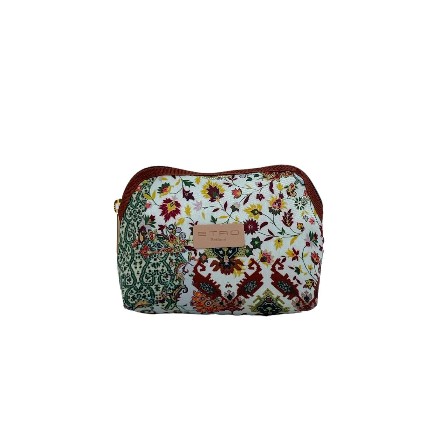 ETRO geometrical makeup pouch in washable nylon fabric with multicolor patterns, featuring a zip closure and logo tag.