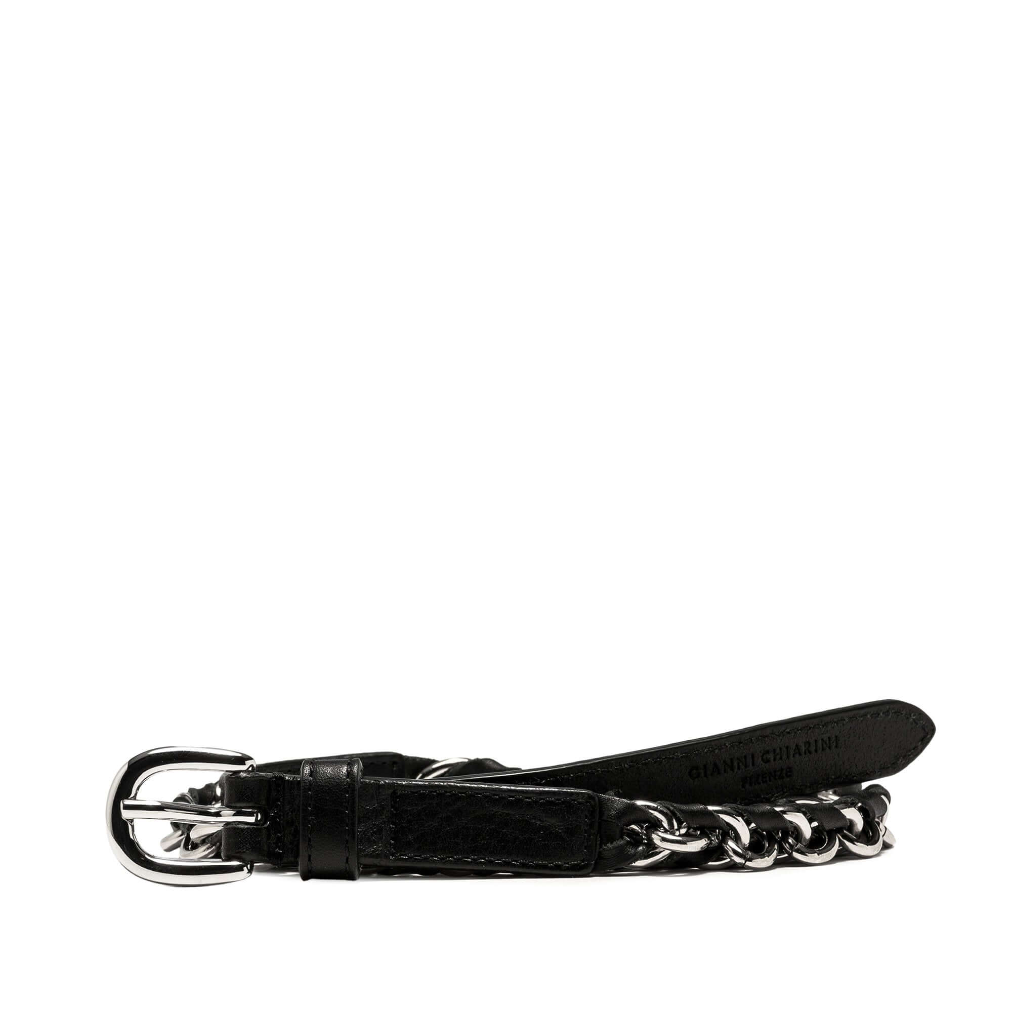 Cintura Oily Nero by Gianni Chiarini, intrecciata con catena in metallo, accessorio rock per donne.