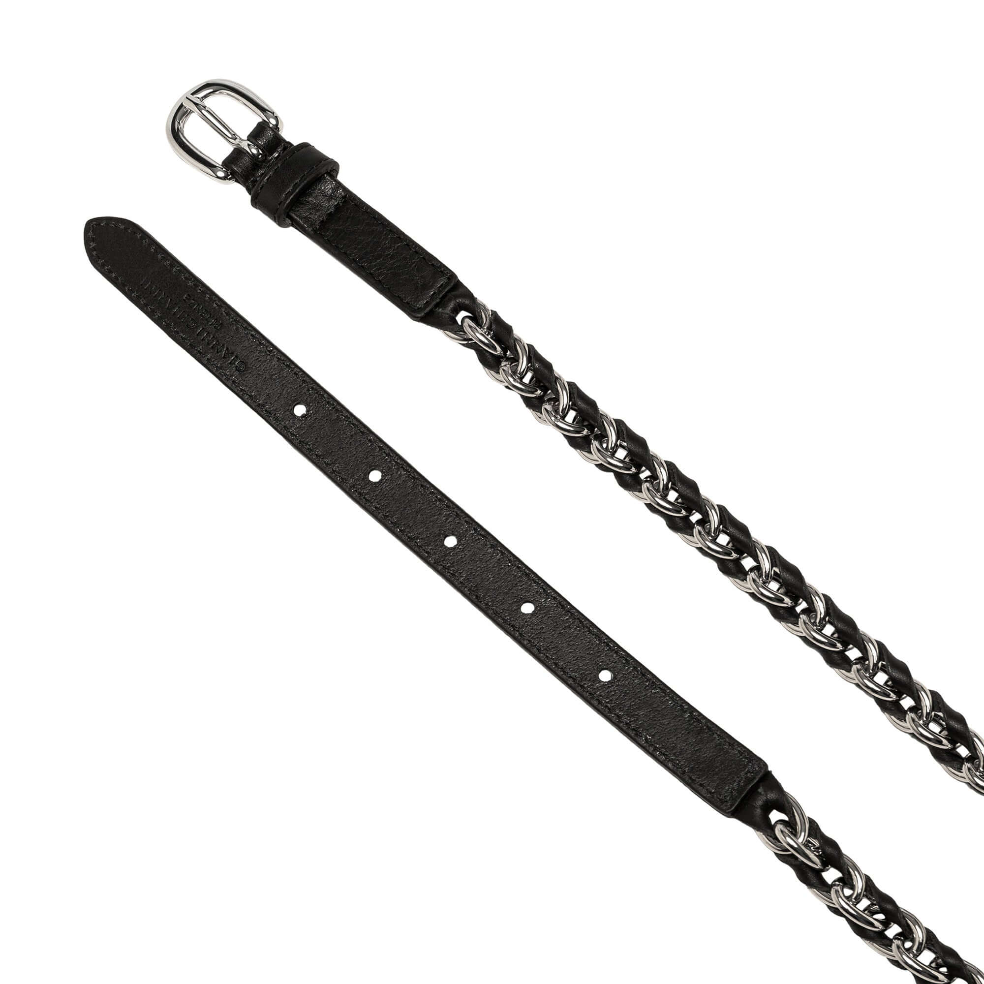 Cintura Oily Nero by Gianni Chiarini, intrecciata con catena in metallo e cuoio, fibbia metallica.