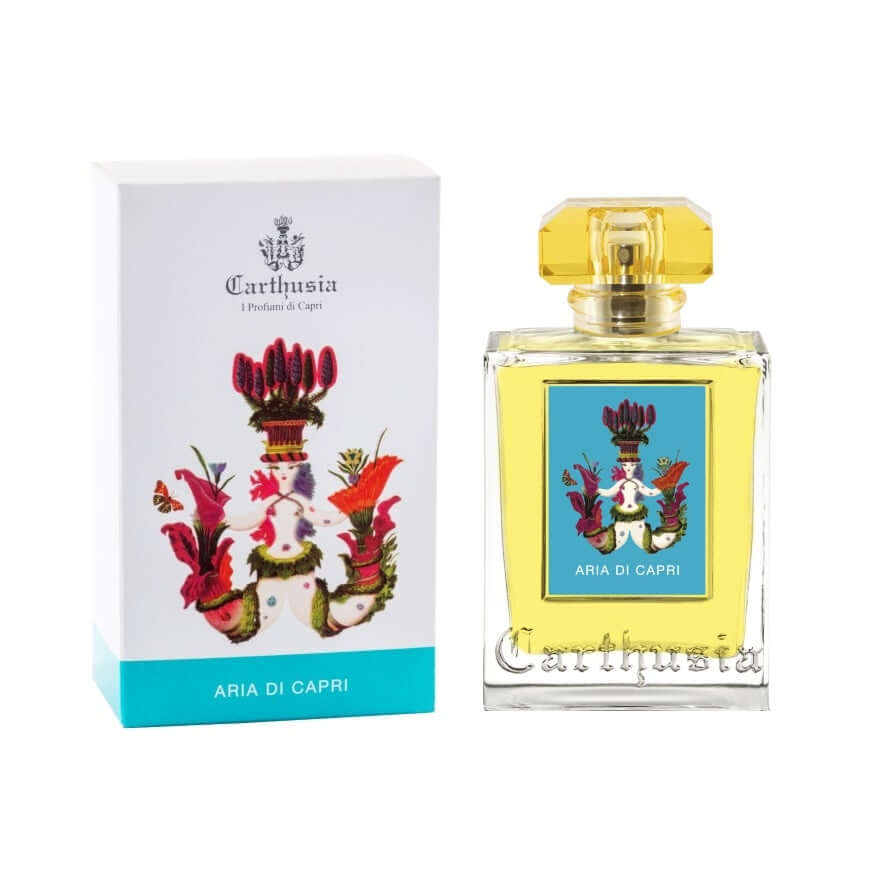 Aria di Capri Eau De Parfum by Carthusia in a decorative bottle and box, evoking marine breeze and fresh flowers.