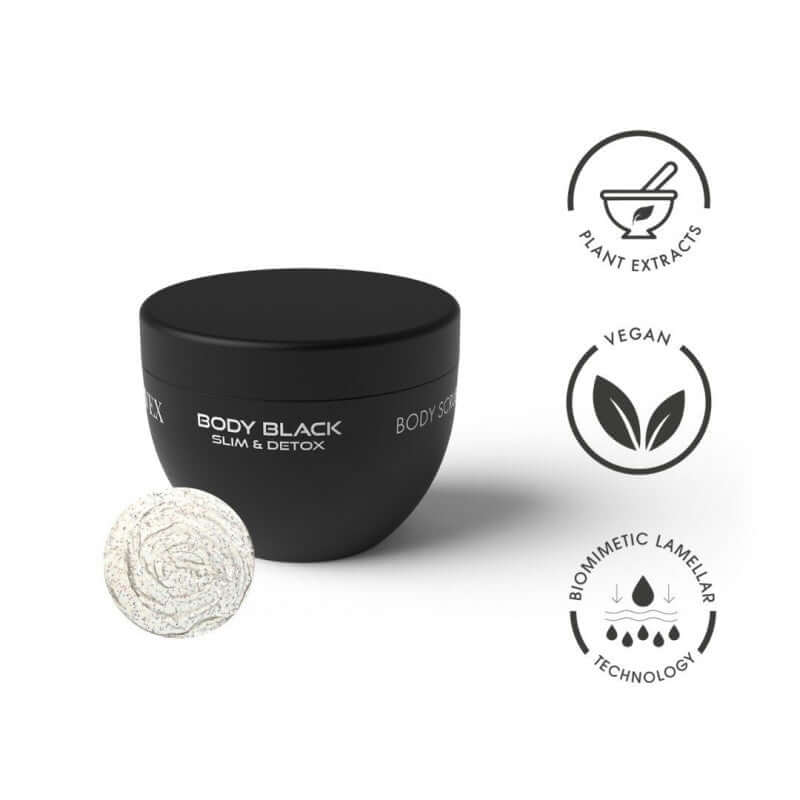 Body Black Body Scrub 250ml in a black container, featuring plant extracts, vegan ingredients, and detox properties.