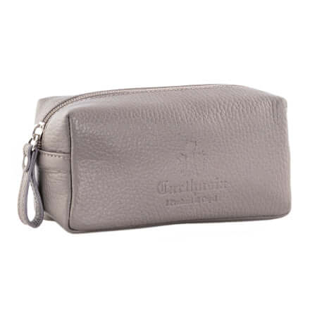 Borsello in pelle grigia Carthusia, 100% made in Italy, con zip, logo stampato, dimensioni 16x8x6 cm.