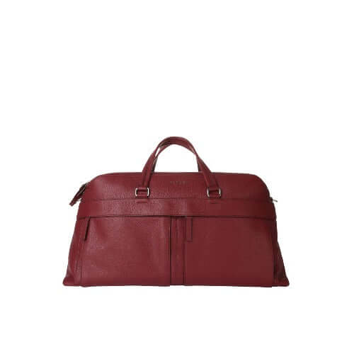Borsone da viaggi in pelle rossa con tracolla regolabile, due tasche frontali, made in Italy.